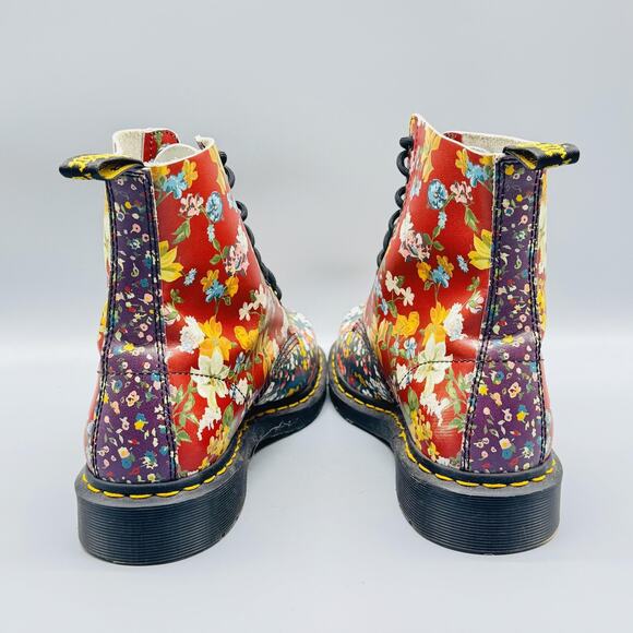 Dr Martens Boots Womens 11 Red Multi Leather Pascal Floral Clash FC 8 Eye Combat - Picture 6 of 10